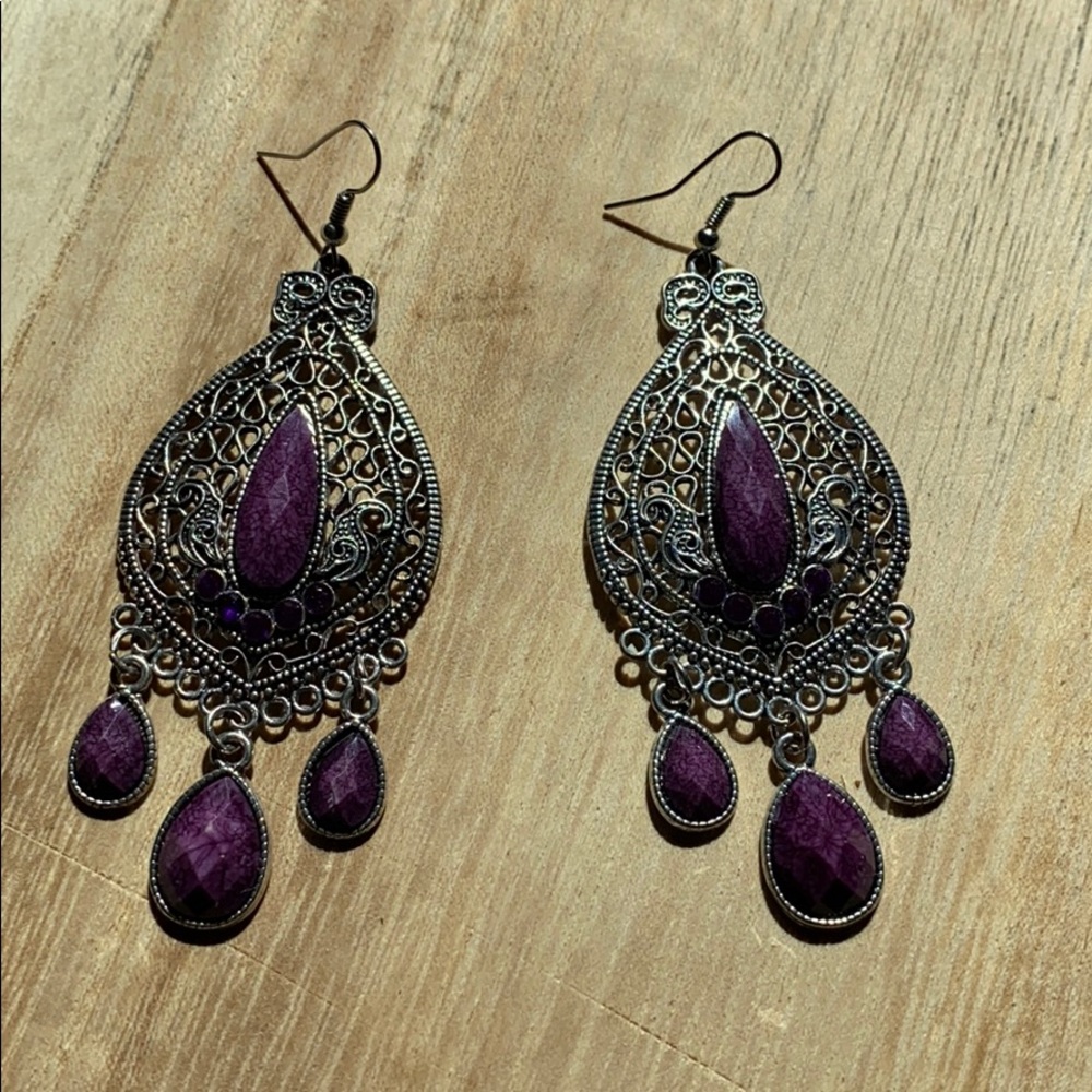 Bohemian silver tone and purple stone earrings